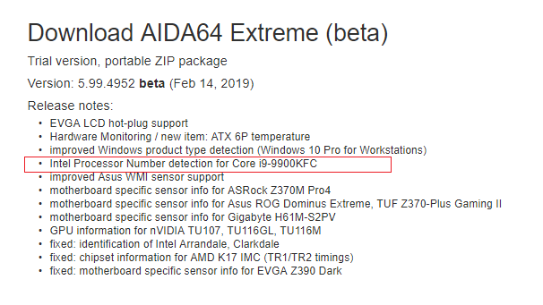 AIDA64 Intel Core i9 9900KFC
