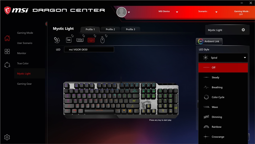 MSI Vigor GK50 Low Profile Dragon Center 8