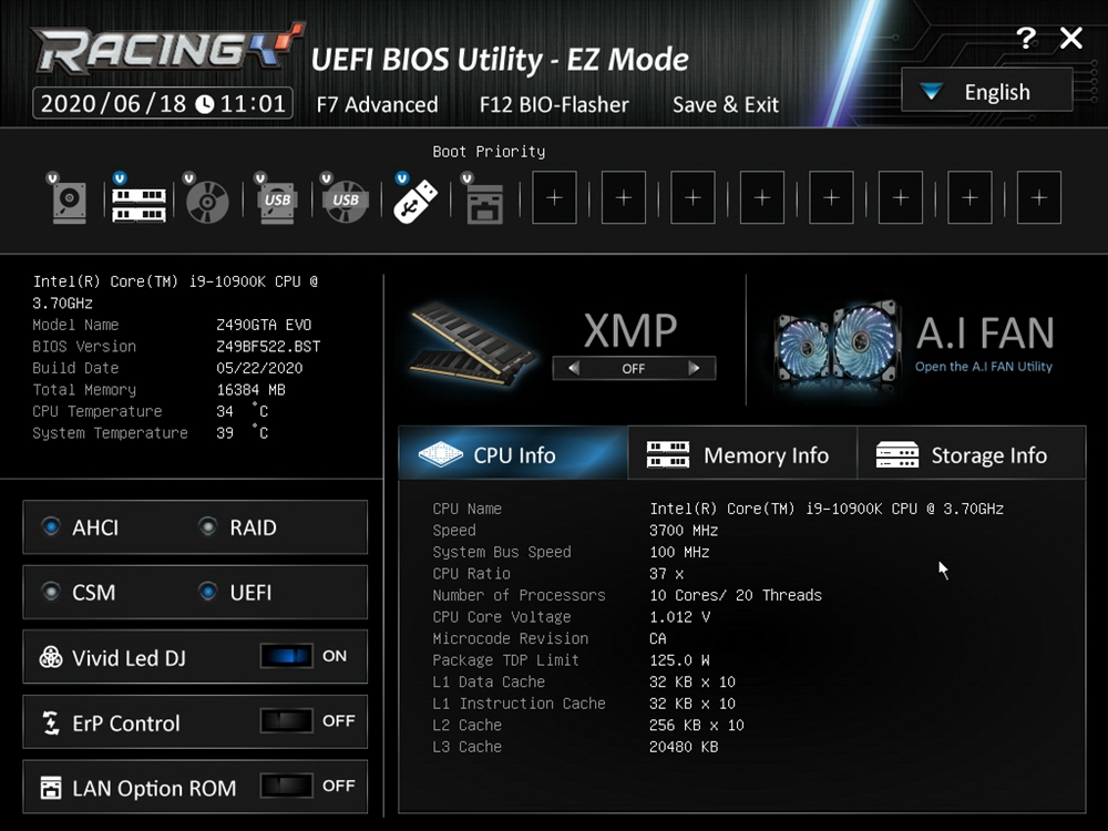 Biostar Racing Z490GTA Evo Bios 1