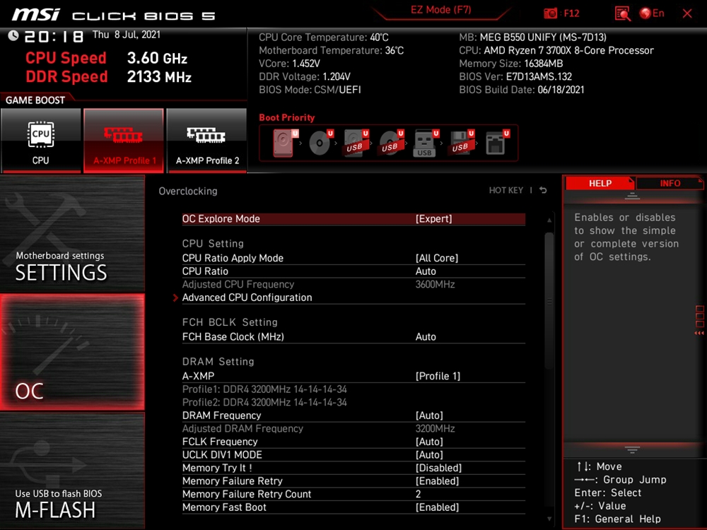 MSI MEG B550 Unify Bios 19