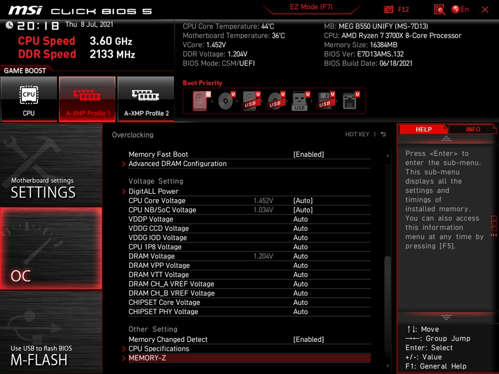 MSI MEG B550 Unify Bios 20