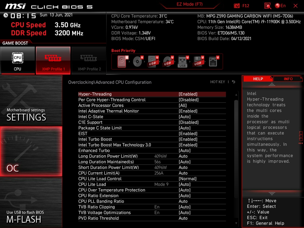 MSI MPG Z590 Gaming Carbon Wifi Bios 21