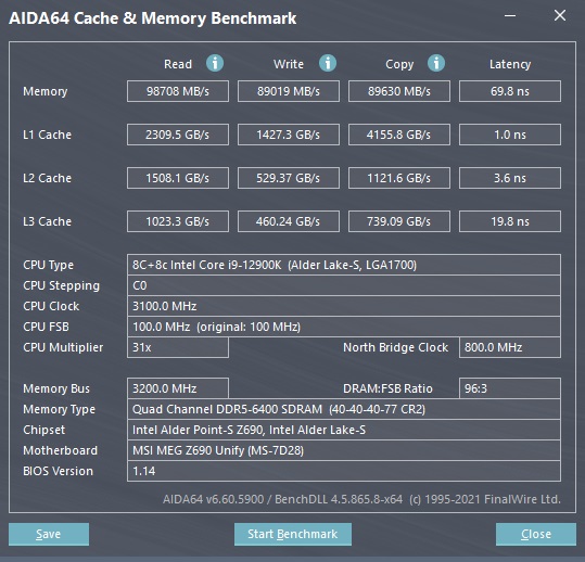 ADATA DDR5 Lancer AIDA64 OC Werte