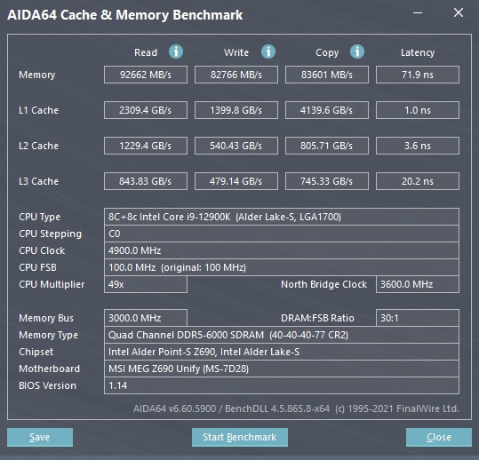 ADATA DDR5 Lancer AIDA64 Standard Werte