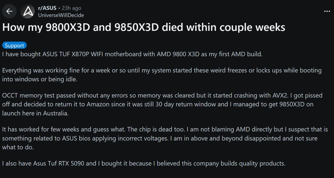 9800X3D 9850X3D DEAD ASUS BOARD