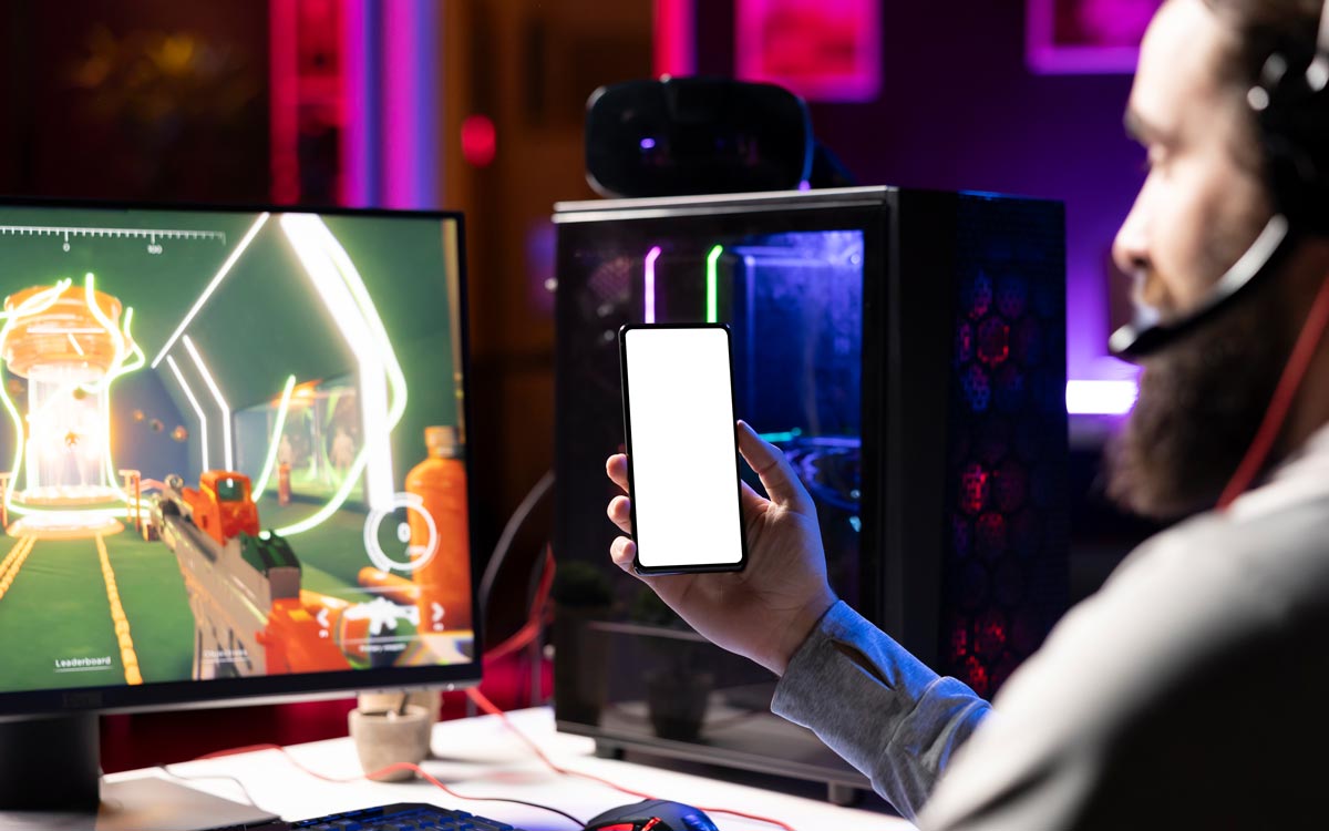 gamer looking internet websites gaming guide mockup phone